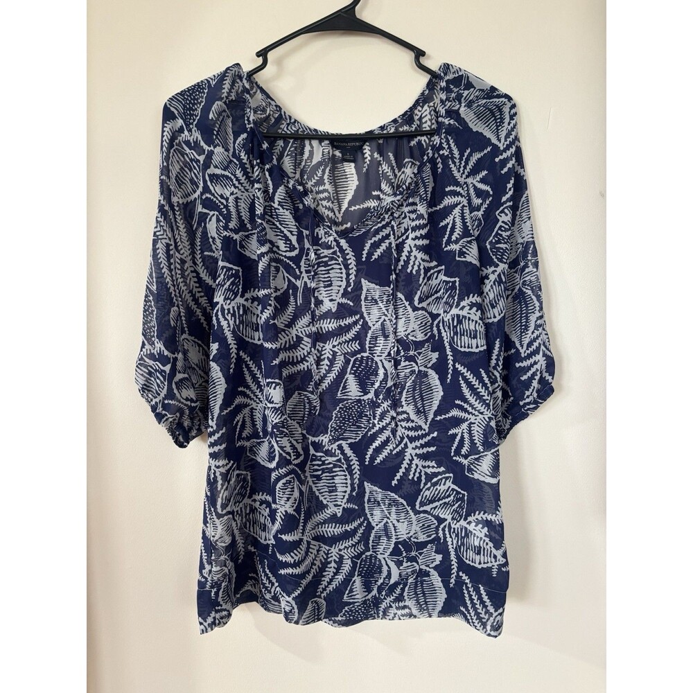 Banana Republic Blue White Leaf Print Sheer Tunic Top Blouse Women's Size Small